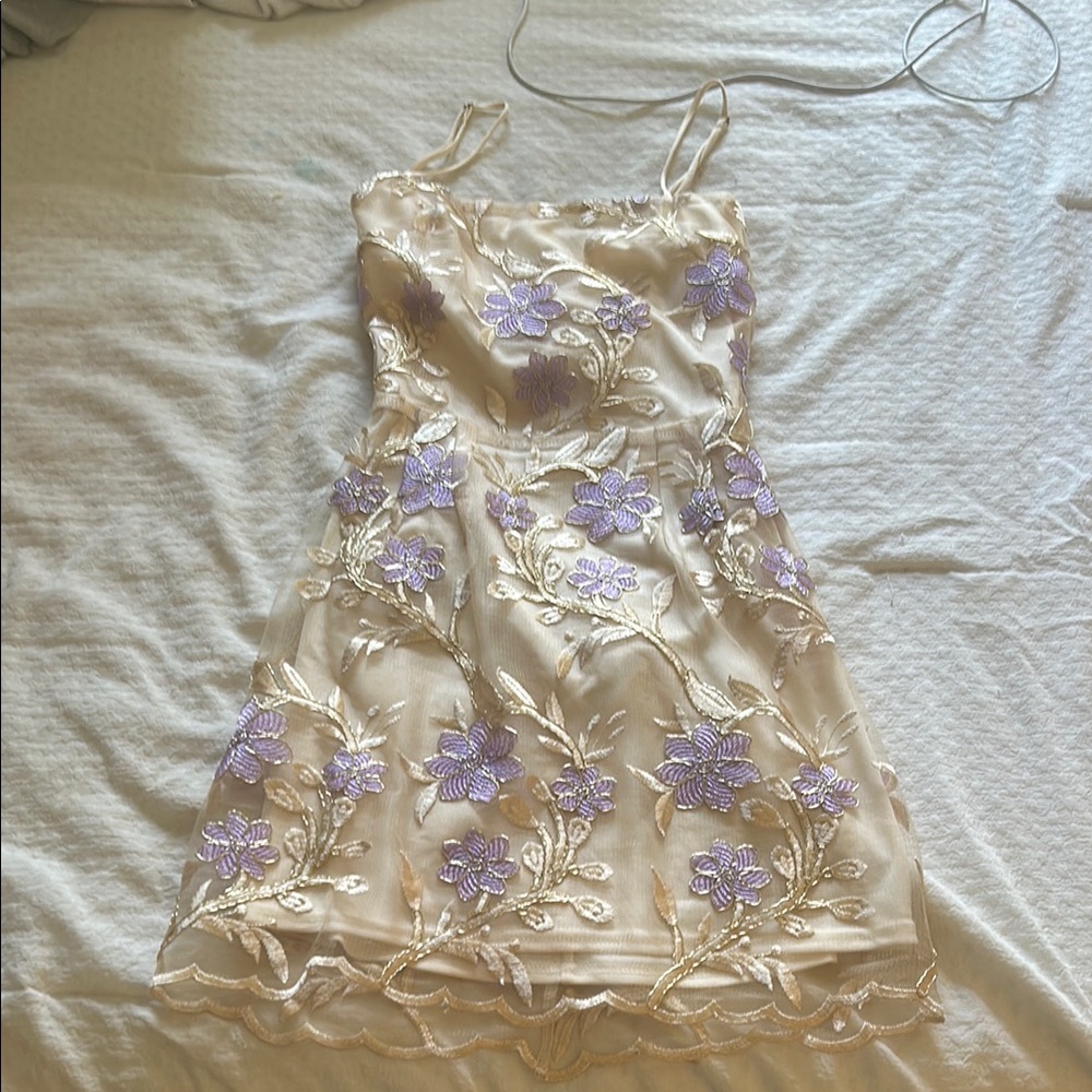Lucy in the Sky Cream and Purple Mini Dress